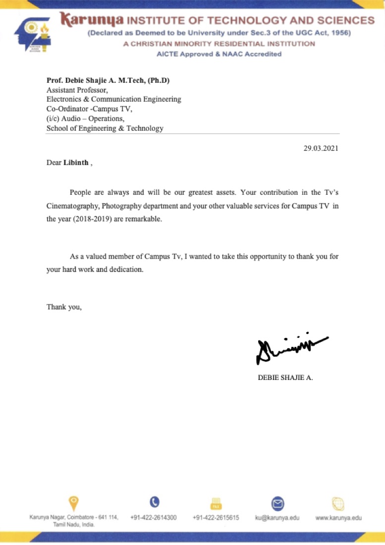 Campus TV appreciation letter