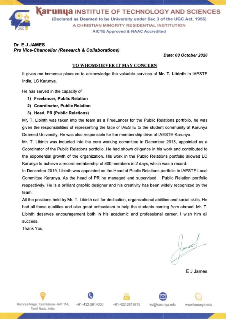 IAESTE letter of recommendation